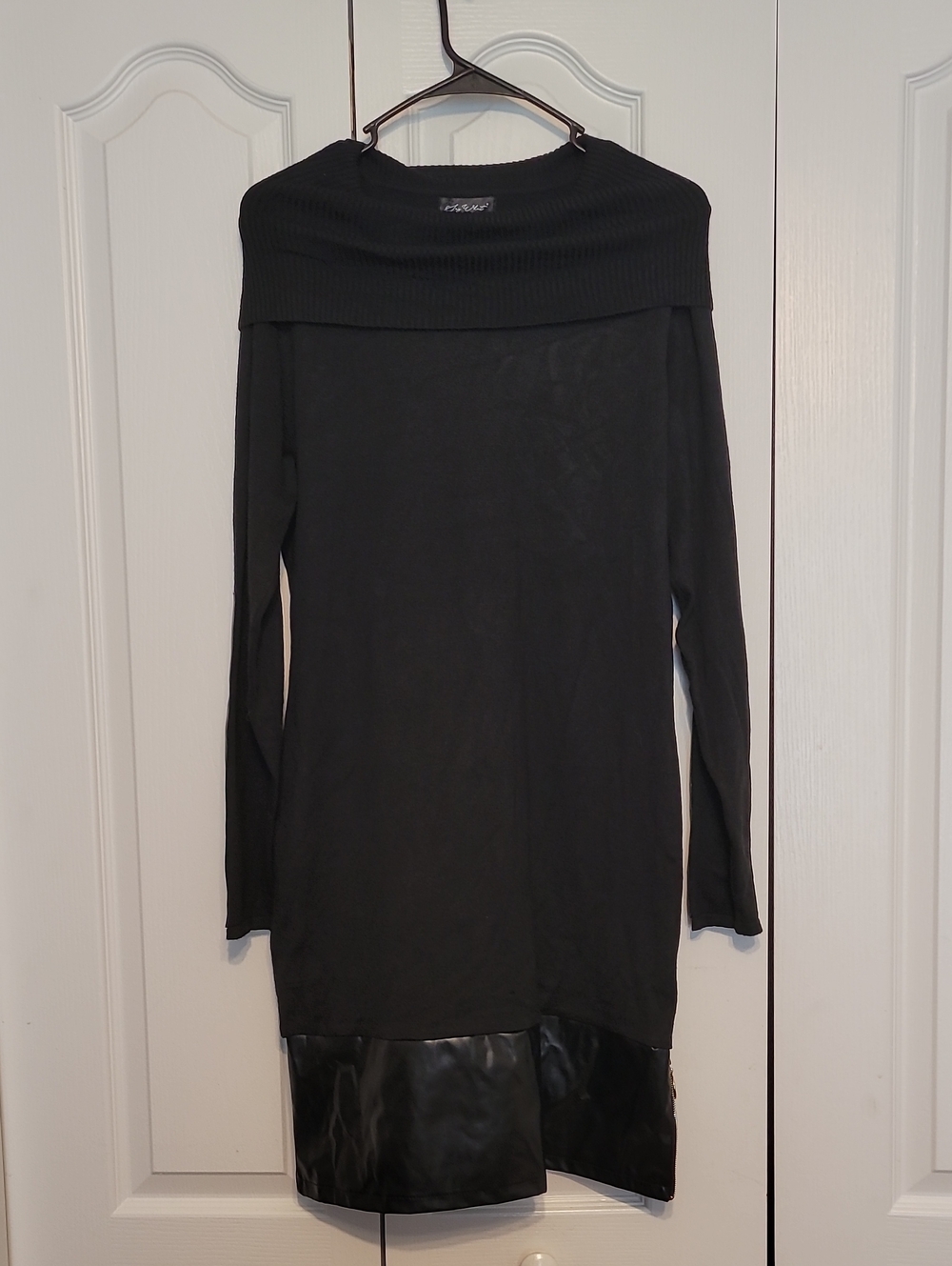 Say What? Black Long Sleeve Cowl Neck T Dress with Faux Leather Hem
